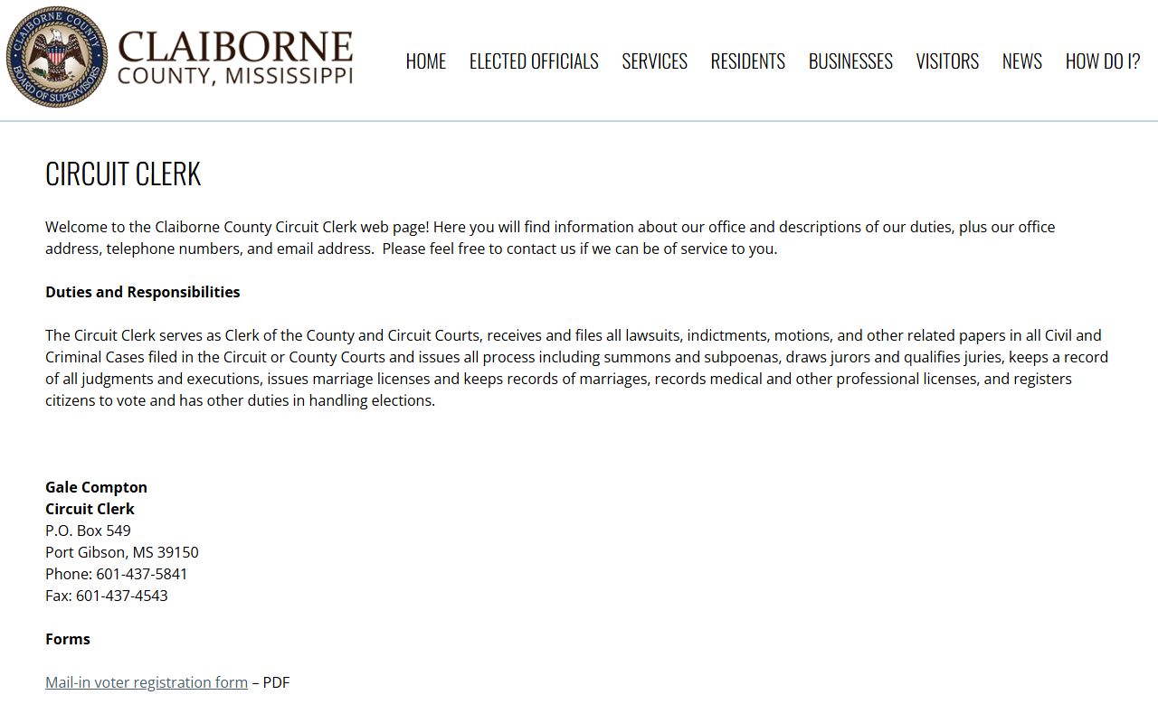 Claiborne County Circuit Clerk page listing duties and contact for court records