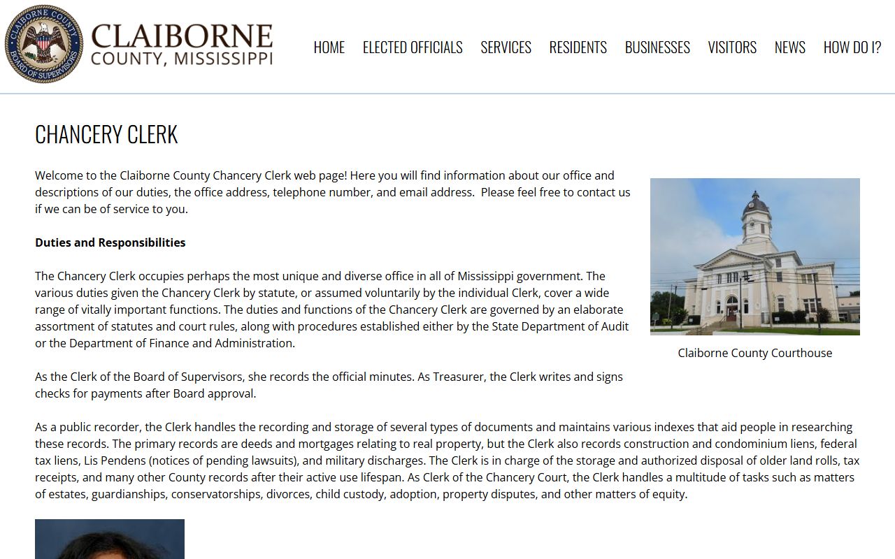 Claiborne County Chancery Clerk page listing land, estate, and court record duties