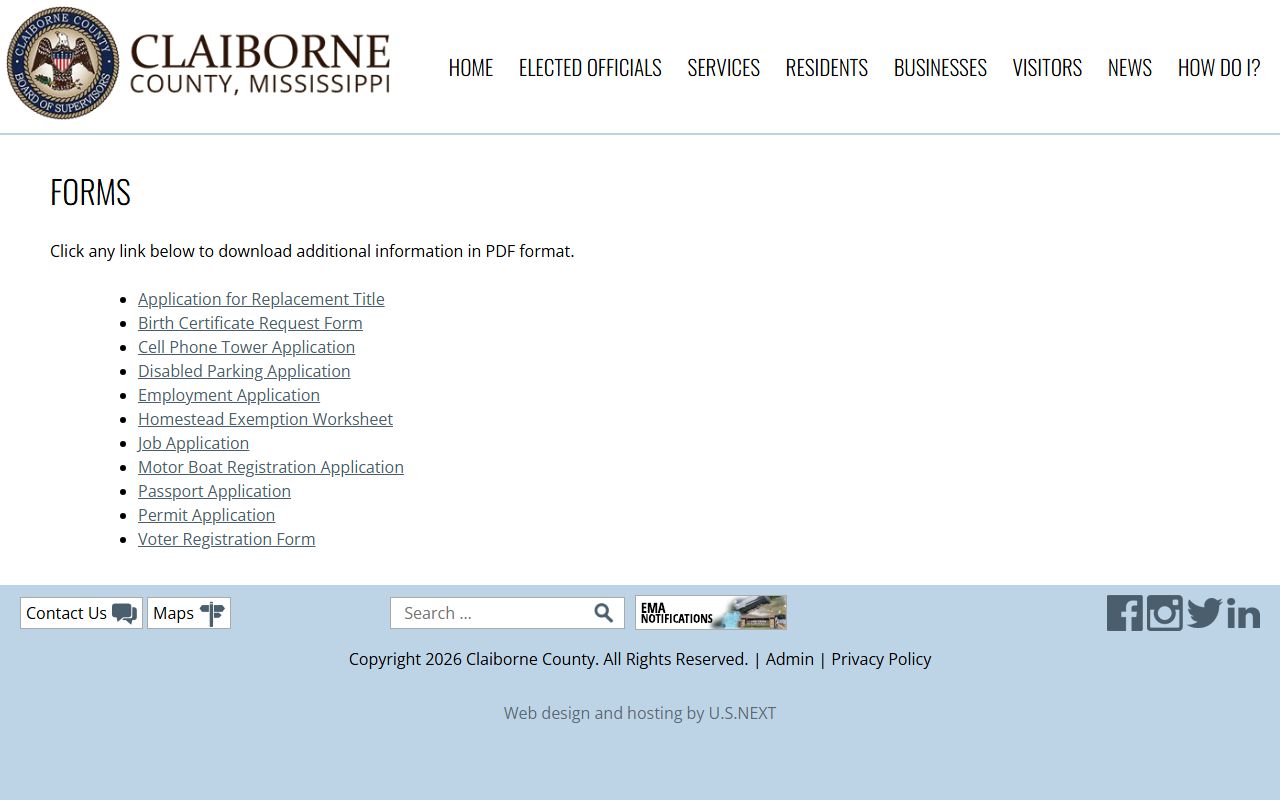 Claiborne County forms page that holds no court record request form for the Circuit Clerk