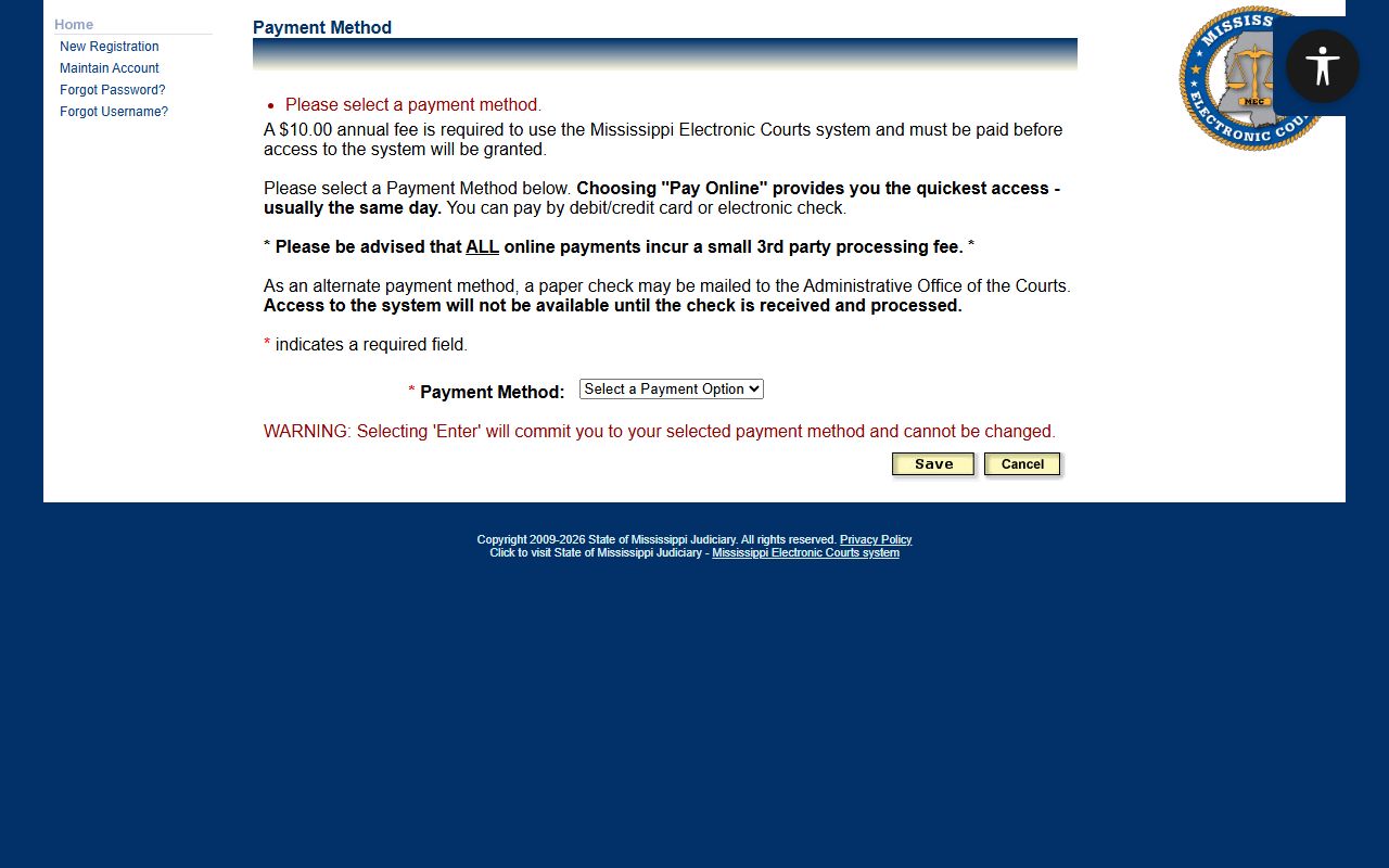 PAMEC payment page for Claiborne County Circuit Court record access fees