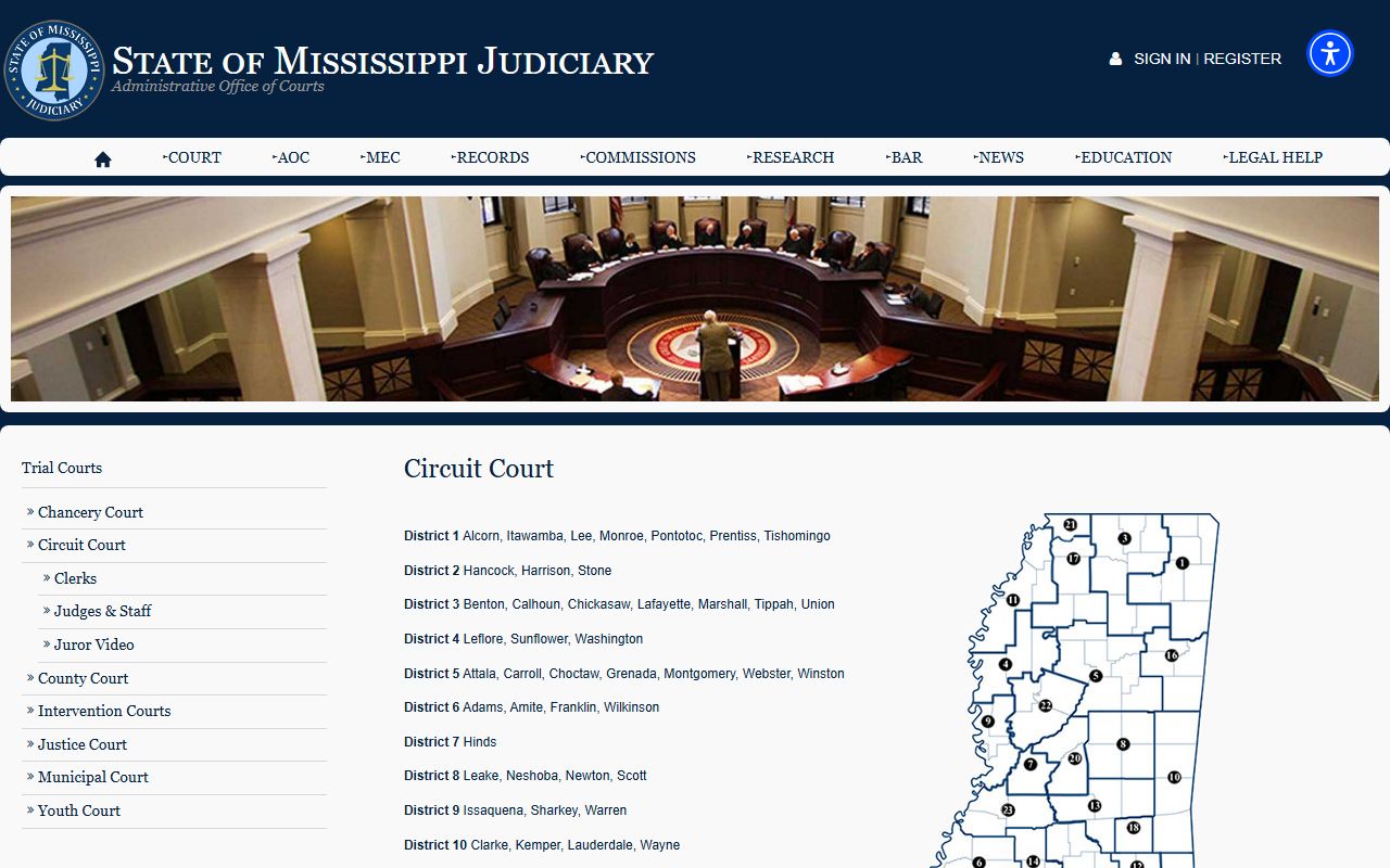 Mississippi Circuit Court overview page used to locate Claiborne County court dockets