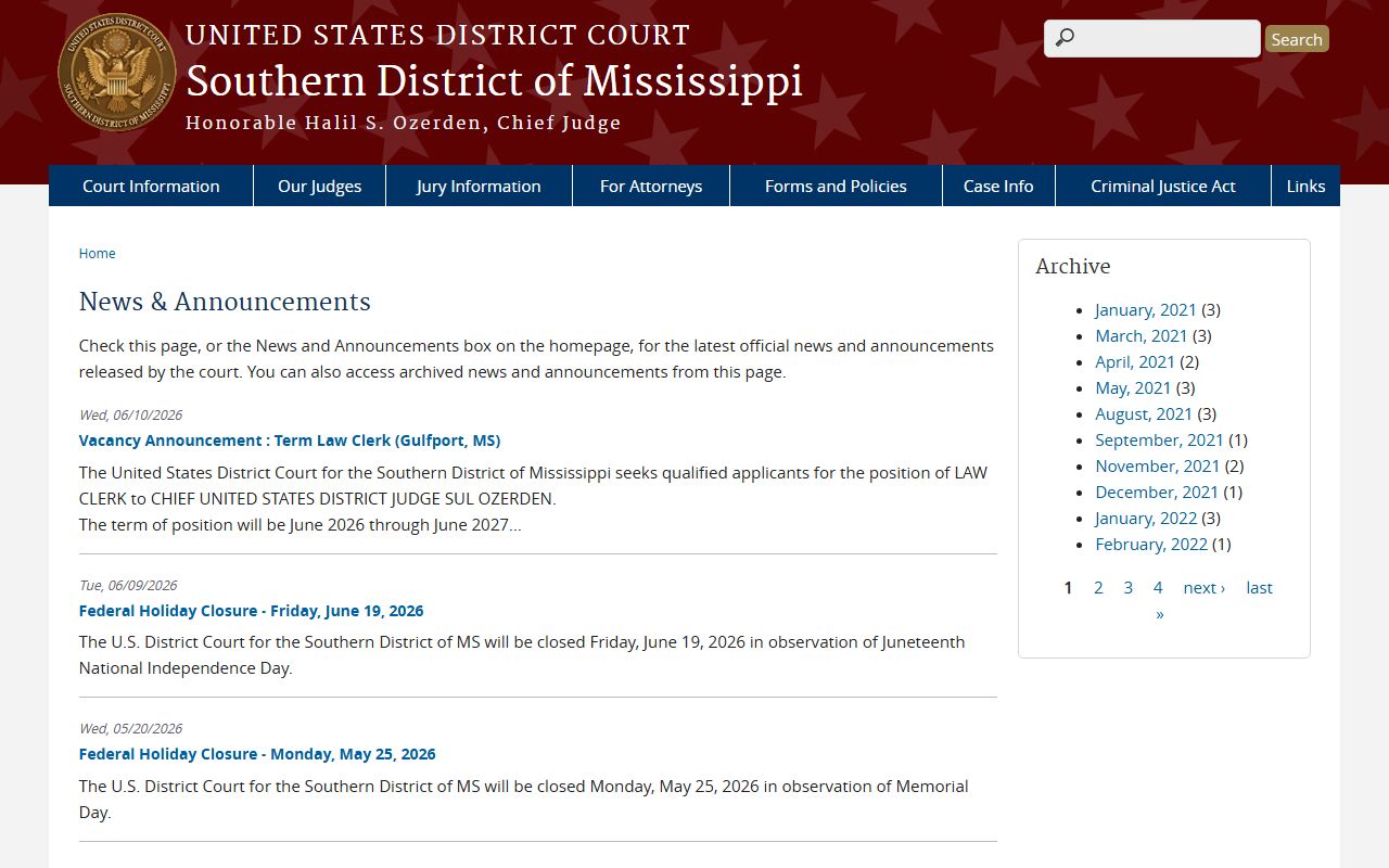 Southern District of Mississippi court news page covering federal dockets near Claiborne County