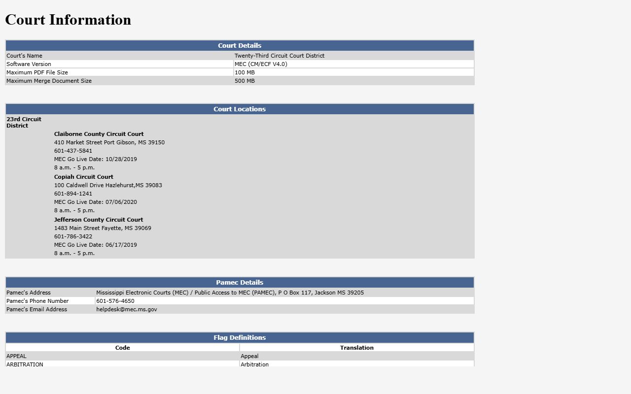 23rd Circuit MEC court information page for Claiborne County court records