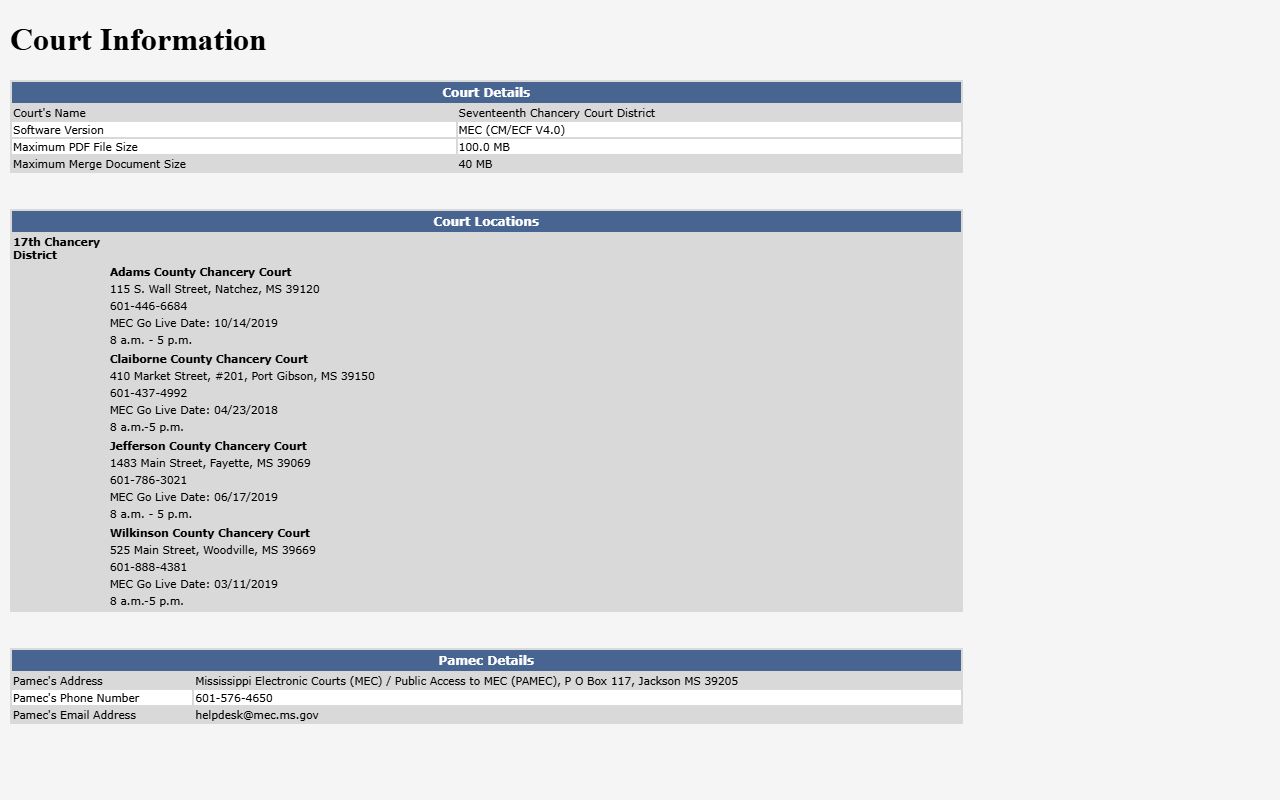 17th Chancery MEC court information page for Claiborne County court records