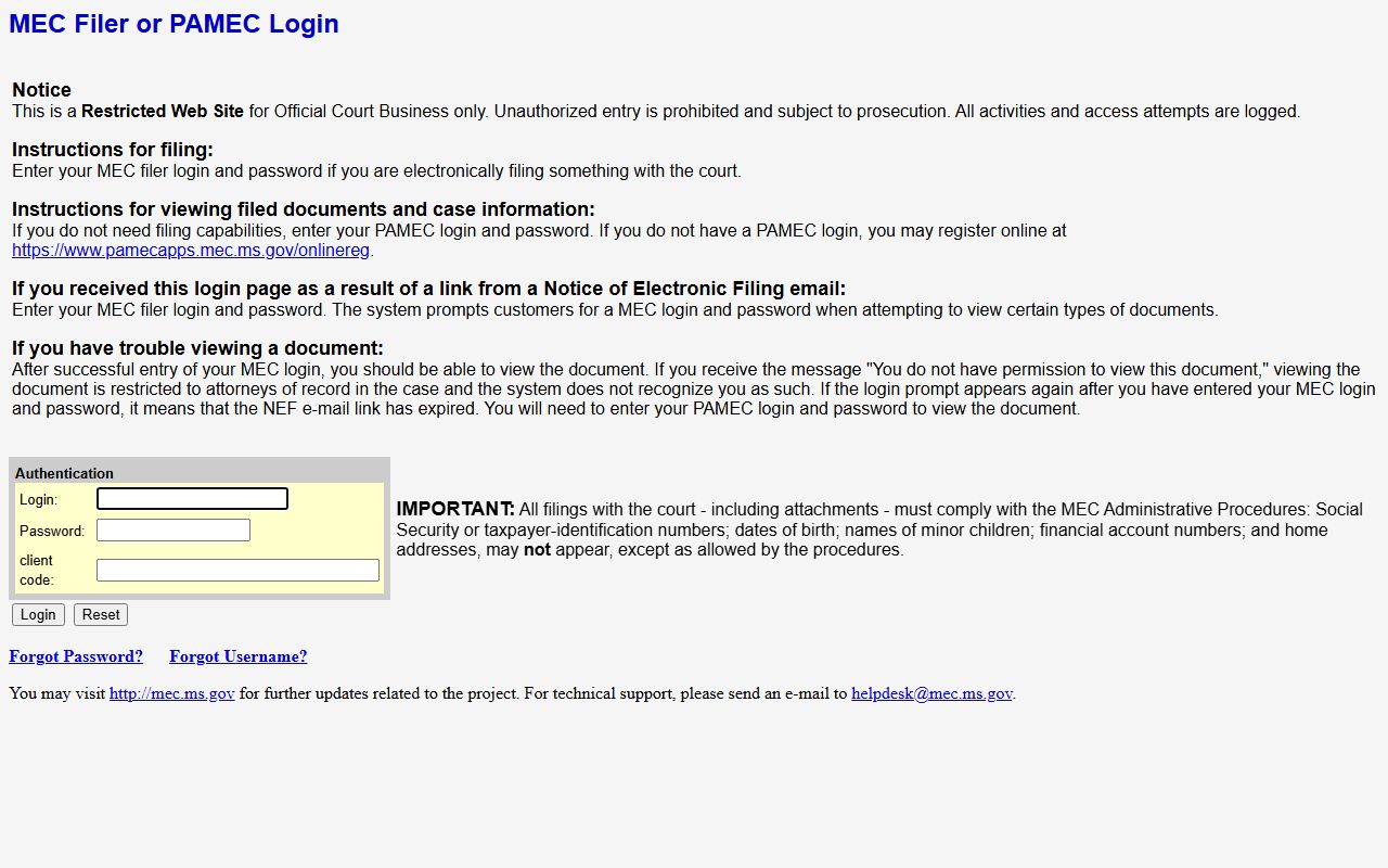 MEC and PAMEC login page used for Claiborne County court records access