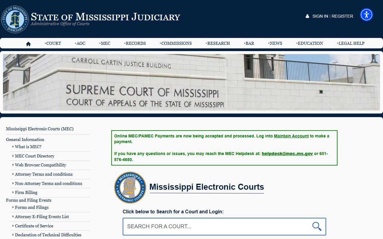 Mississippi Judiciary MEC landing page for Claiborne County court records access