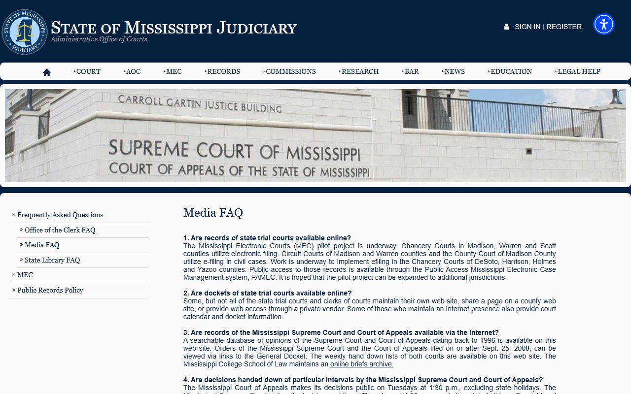 Mississippi Judiciary record access FAQ for Claiborne County court records