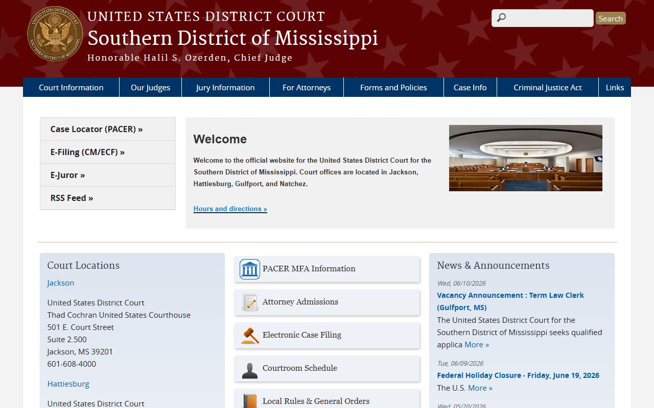 U.S. District Court Southern District of Mississippi home page covering Claiborne County federal cases