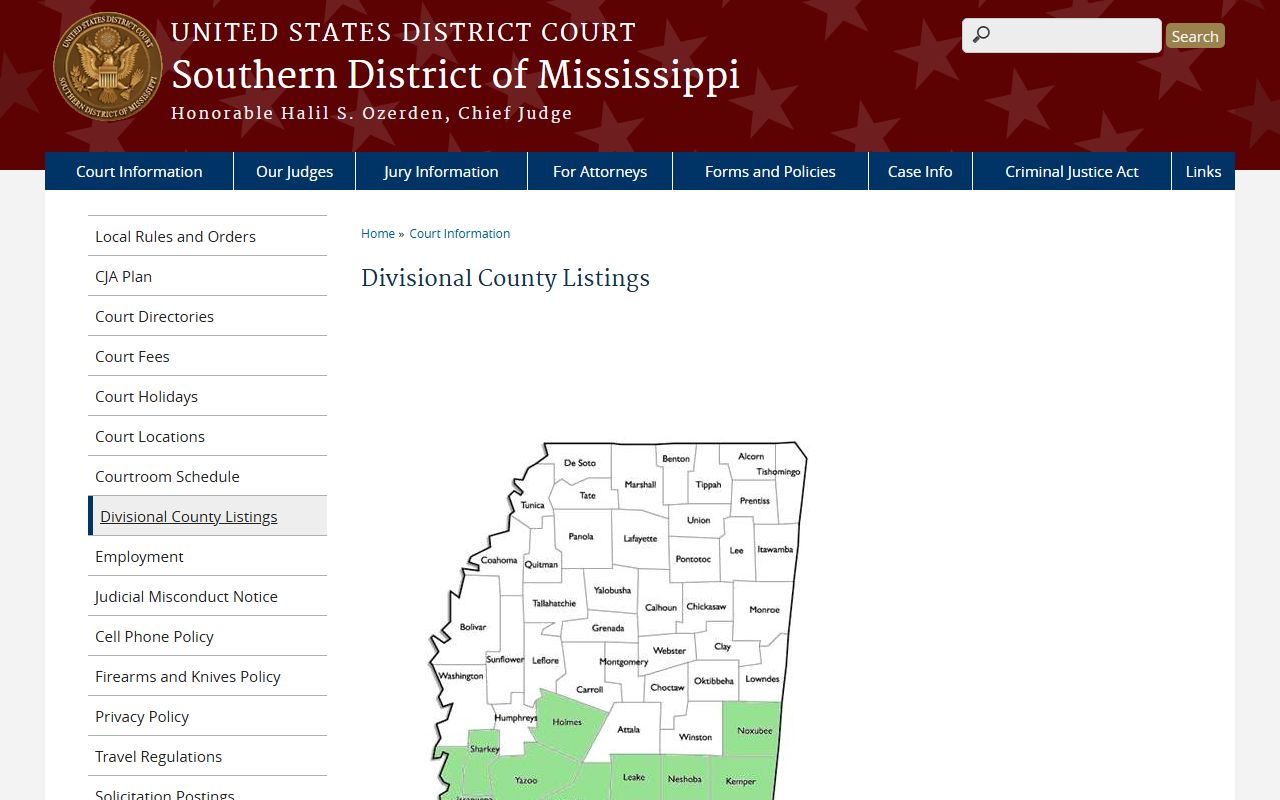 Southern District of Mississippi divisional county listings showing Claiborne County in the Western Division