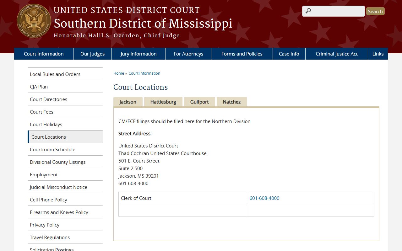 Southern District of Mississippi court locations page serving Claiborne County federal filers