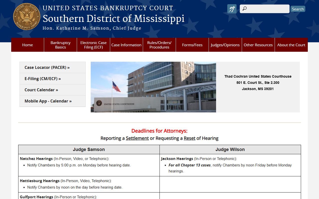 U.S. Bankruptcy Court Southern District of Mississippi home page for Claiborne County bankruptcy cases