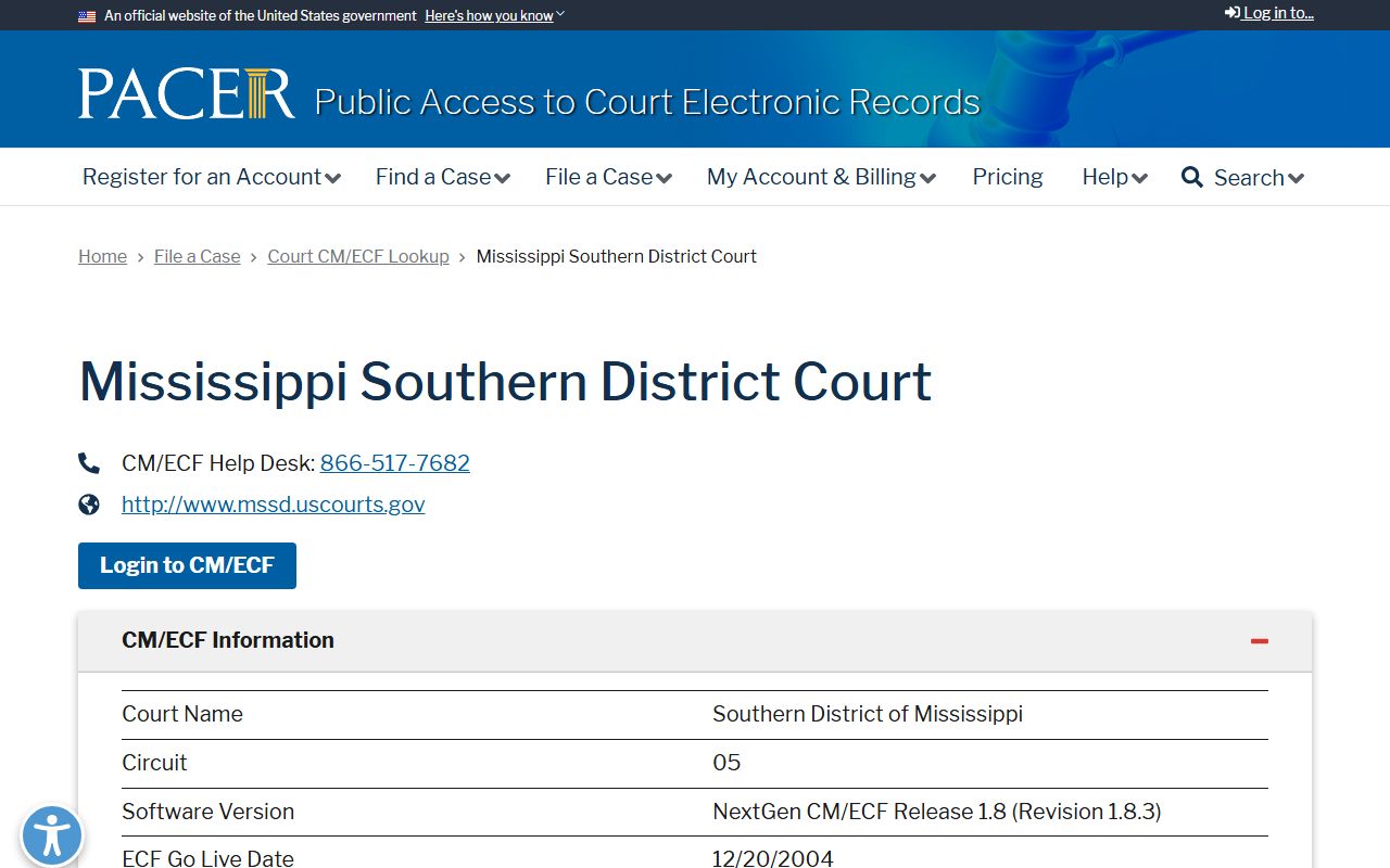 PACER lookup for the Southern District of Mississippi district court covering Claiborne County