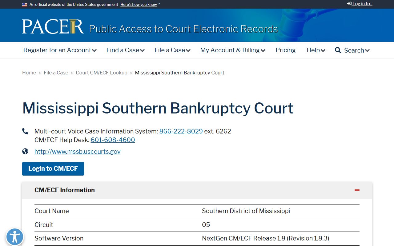 PACER lookup for the Southern District of Mississippi bankruptcy court serving Claiborne County