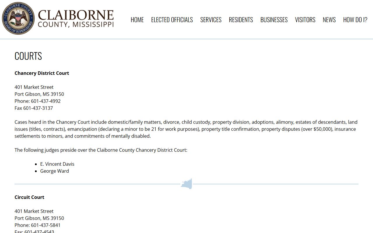 Claiborne County courts page listing court records contacts