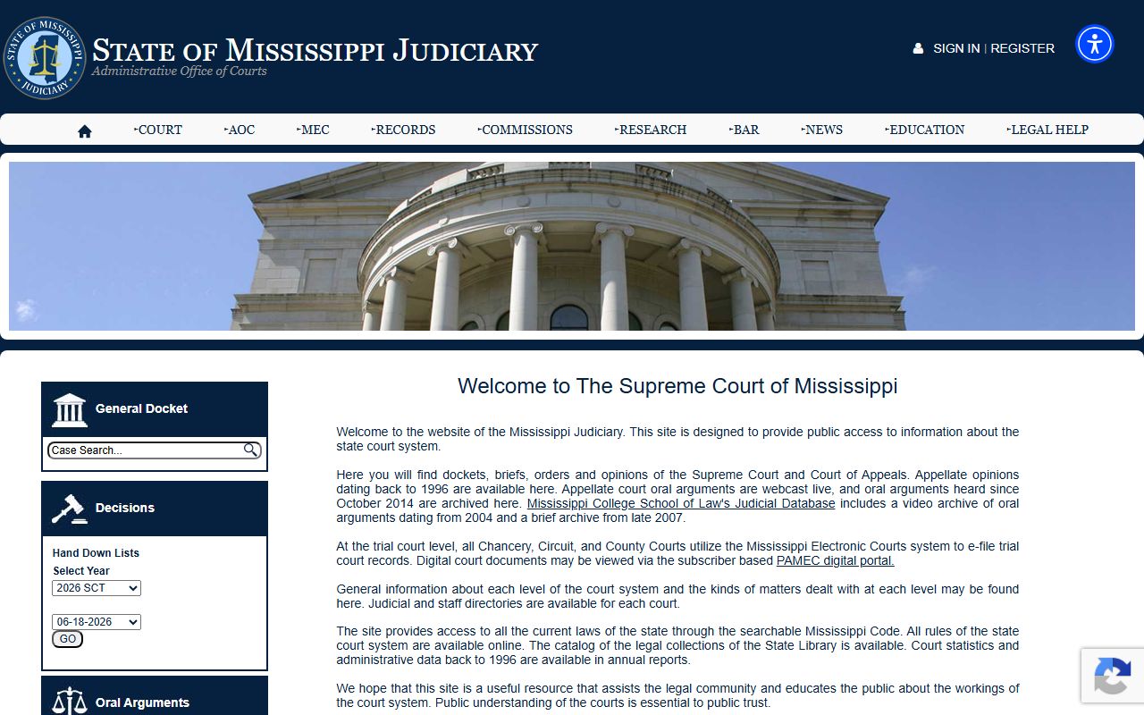 Mississippi Judiciary home page for Claiborne County court records access