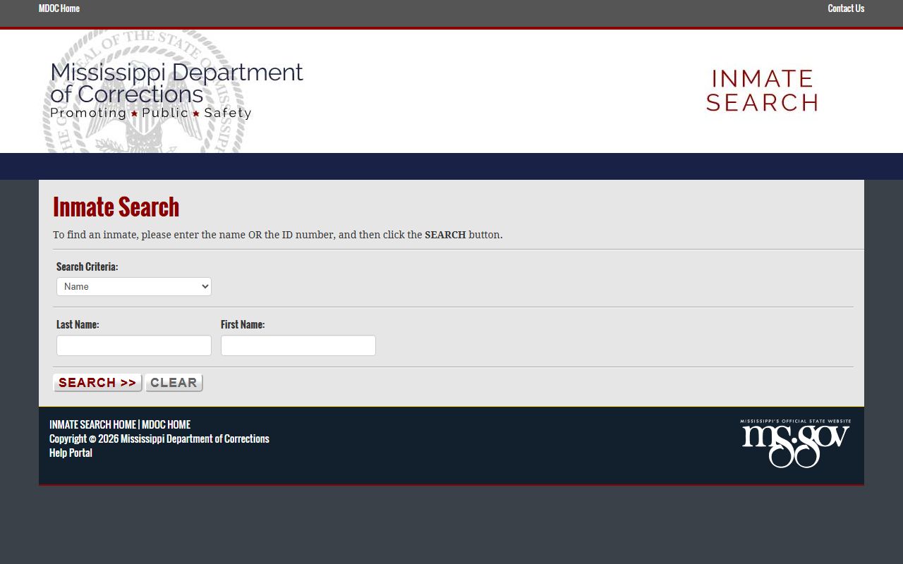 MS.gov MDOC inmate search interface for a Claiborne County inmate search by name or ID