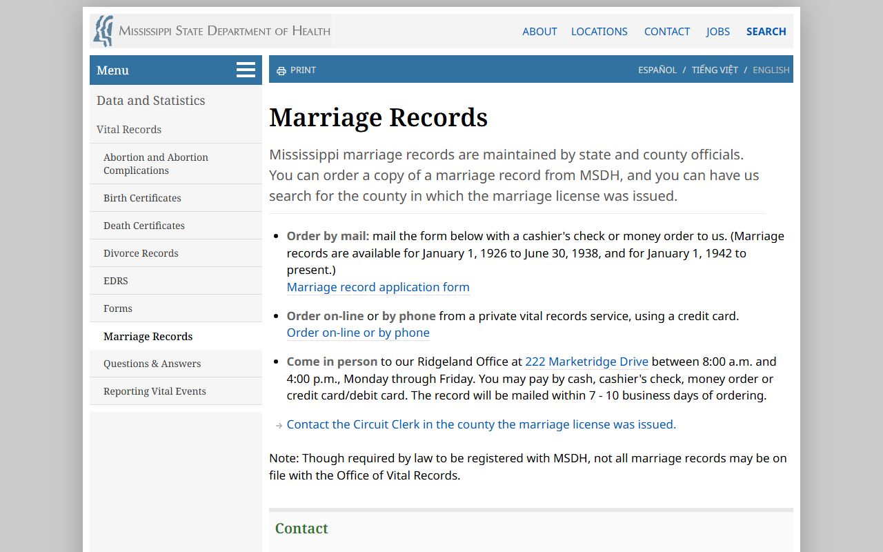 Claiborne County marriage records ordering through the Mississippi State Department of Health page