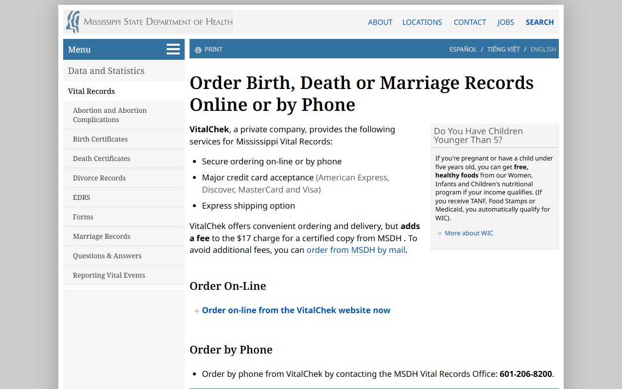 Claiborne County certified marriage record ordering on the Mississippi State Department of Health vital records page