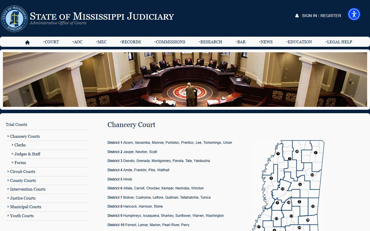 Mississippi Chancery Court overview page explaining Claiborne County probate venue