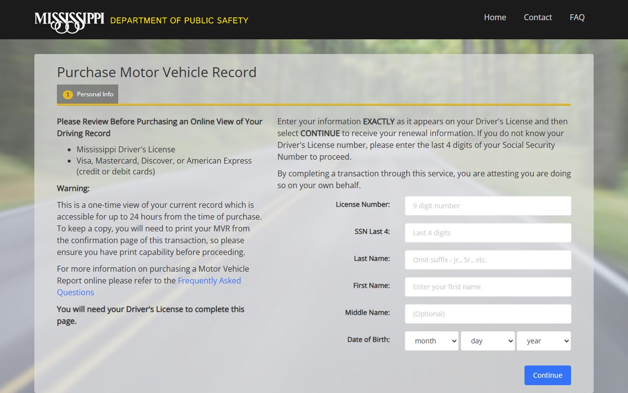 Mississippi DPS motor vehicle record purchase portal for Claiborne County traffic and driver records