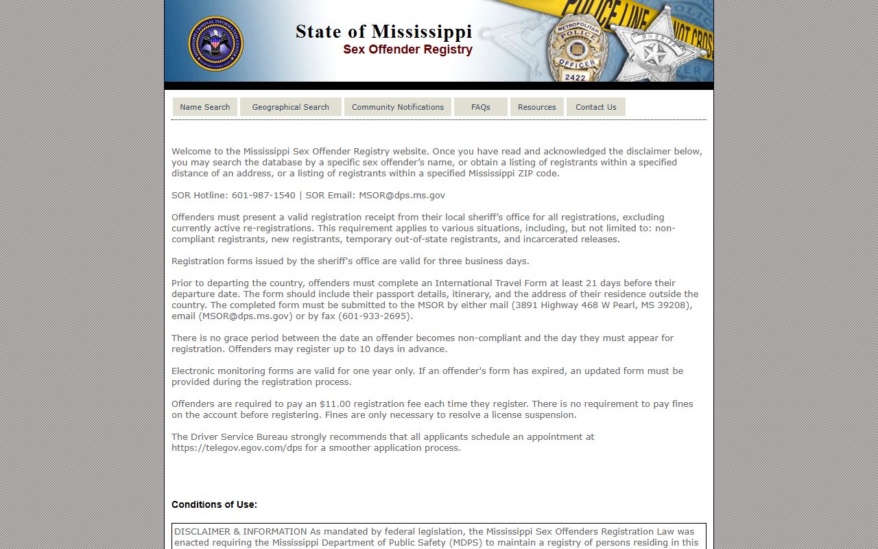 Mississippi DPS sex offender registry search page for Claiborne County warrant and offender lookups