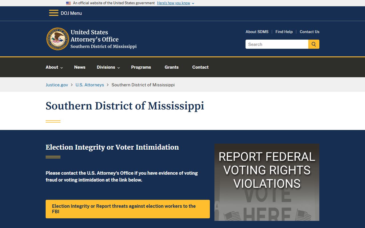 U.S. Attorney Southern District of Mississippi page for Claiborne County federal warrant context