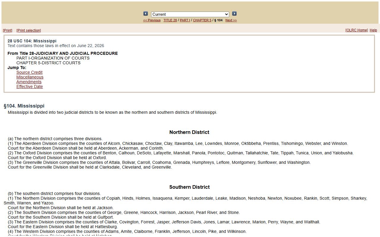 Federal judicial divisions statute for Mississippi covering Claiborne County warrant jurisdiction